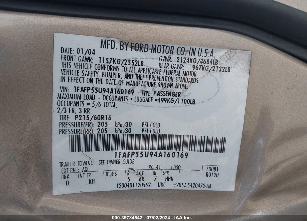 2004 FORD TAURUS SES VIN: 1FAFP55U94A160169