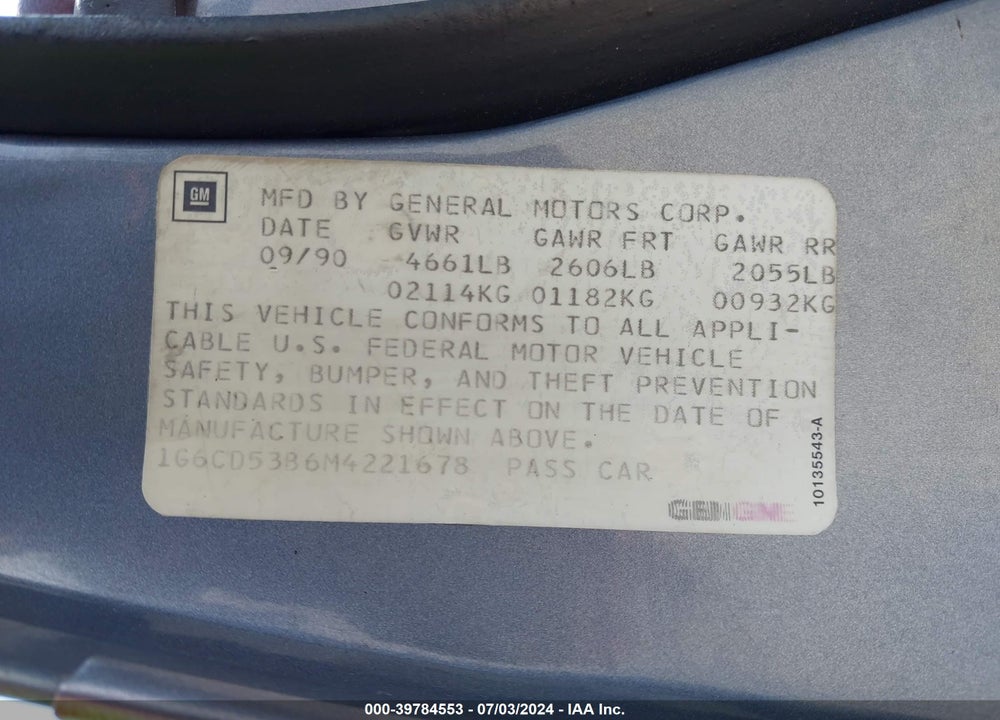 1991 CADILLAC DEVILLE VIN: 1G6CD53B6M4221678