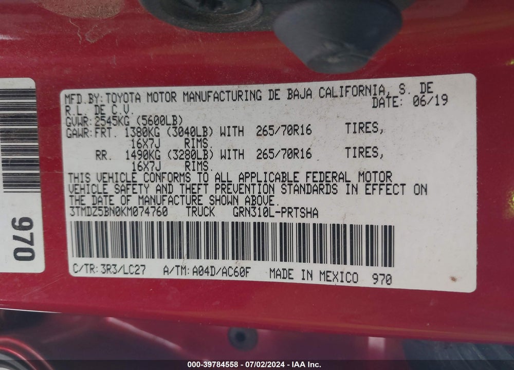 2019 TOYOTA TACOMA TRD OFF ROAD VIN: 3TMDZ5BN0KM074760