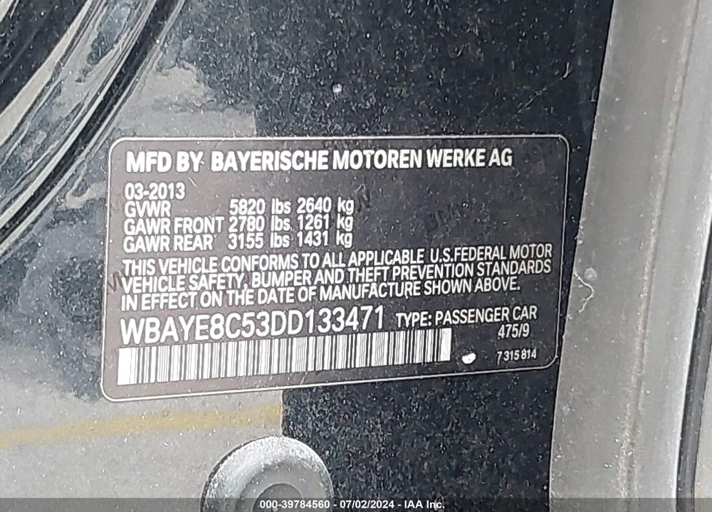 2013 BMW 750LI VIN: WBAYE8C53DD133471