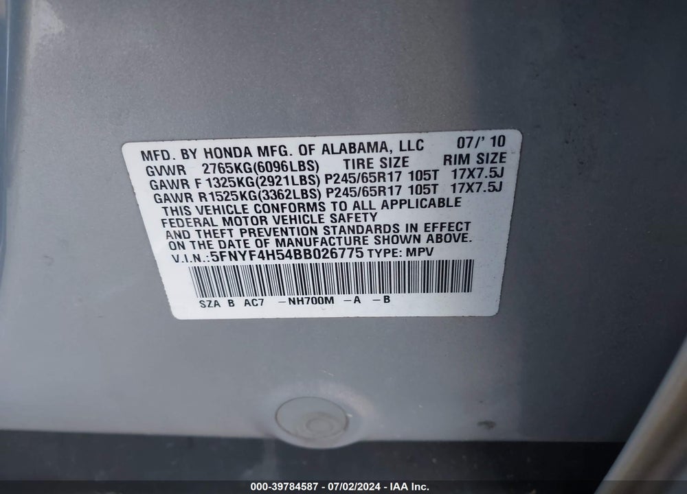 2011 HONDA PILOT EX-L VIN: 5FNYF4H54BB026775