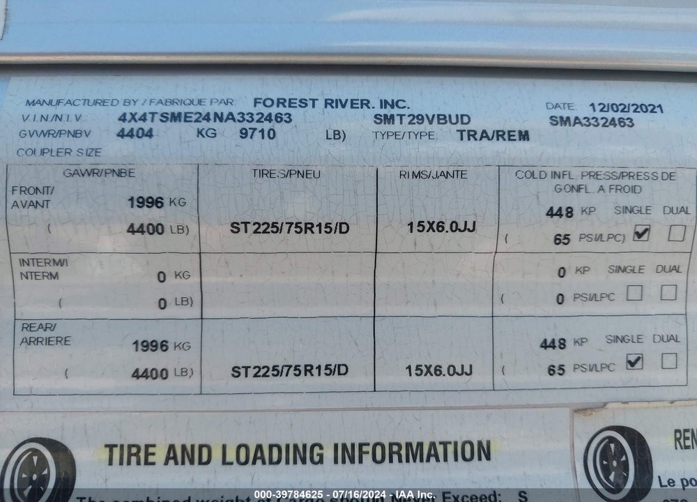 2022 FOREST RIVER SALEM VIN: 4X4TSME24NA332463