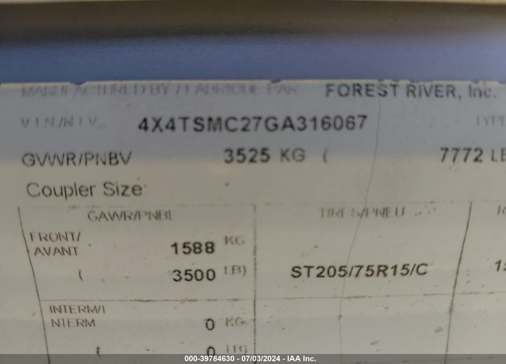 2016 SALEM TRA/REM VIN: 4X4TSMC27GA316067