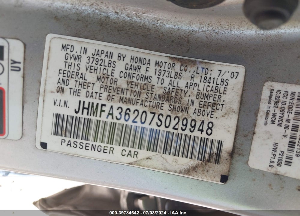 2007 HONDA CIVIC HYBRID VIN: JHMFA36207S029948
