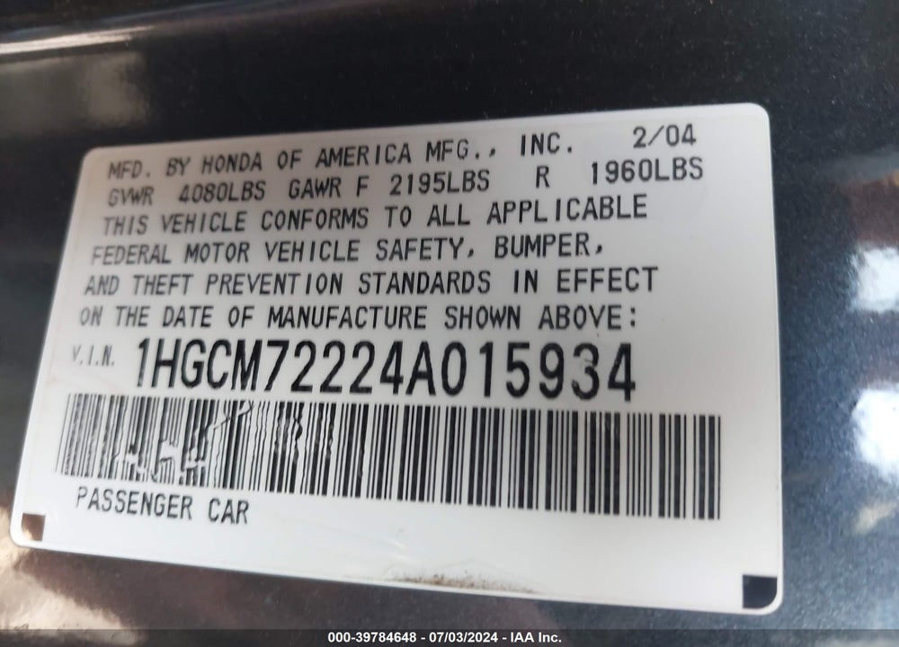 2004 HONDA ACCORD 2.4 LX VIN: 1HGCM72224A015934