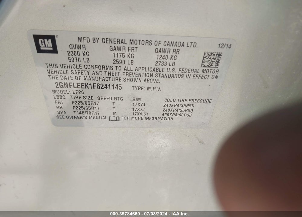 2015 CHEVROLET EQUINOX LS VIN: 2GNFLEEK1F6241145