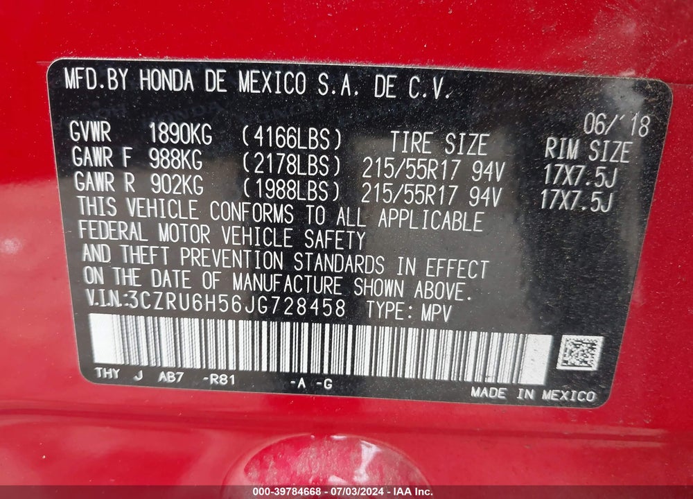 2018 HONDA HR-V EX VIN: 3CZRU6H56JG728458