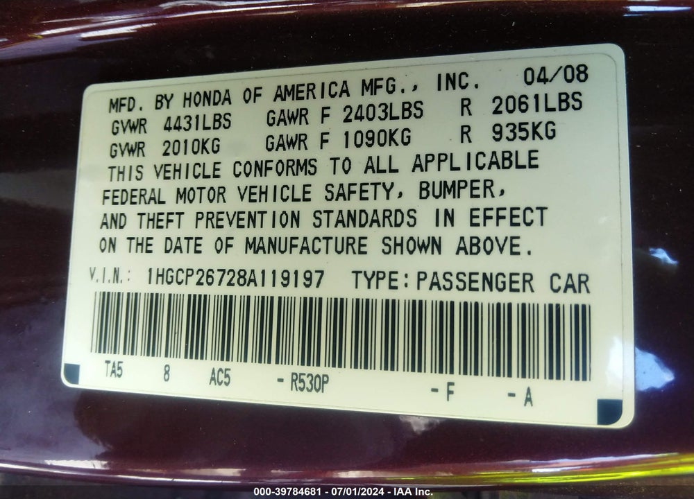 2008 HONDA ACCORD 2.4 EX VIN: 1HGCP26728A119197