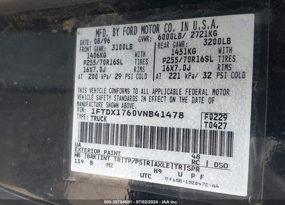 1997 FORD F-150 LARIAT/STANDARD/XL/XLT VIN: 1FTDX1760VNB41478
