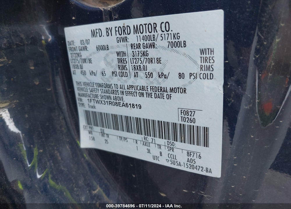 2008 FORD F-350 FX4/LARIAT/XL/XLT VIN: 1FTWX31R08EA61819
