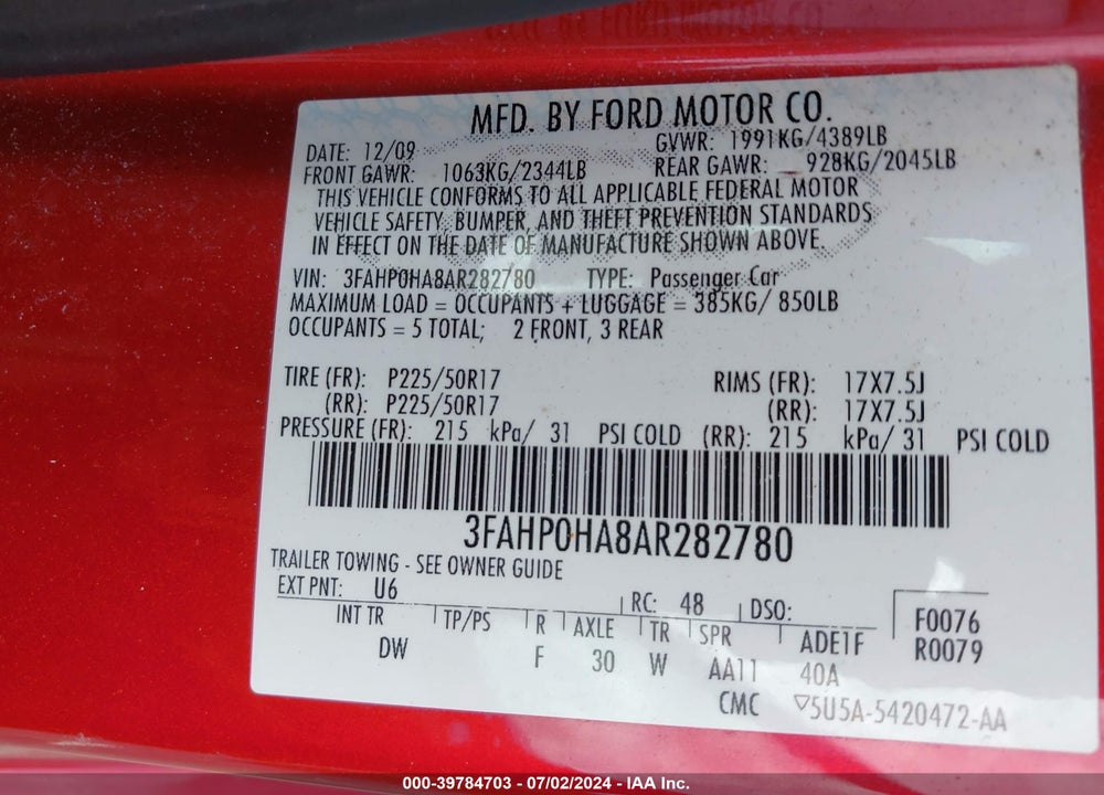 2010 FORD FUSION VIN: 3FAHP0HA8AR282780