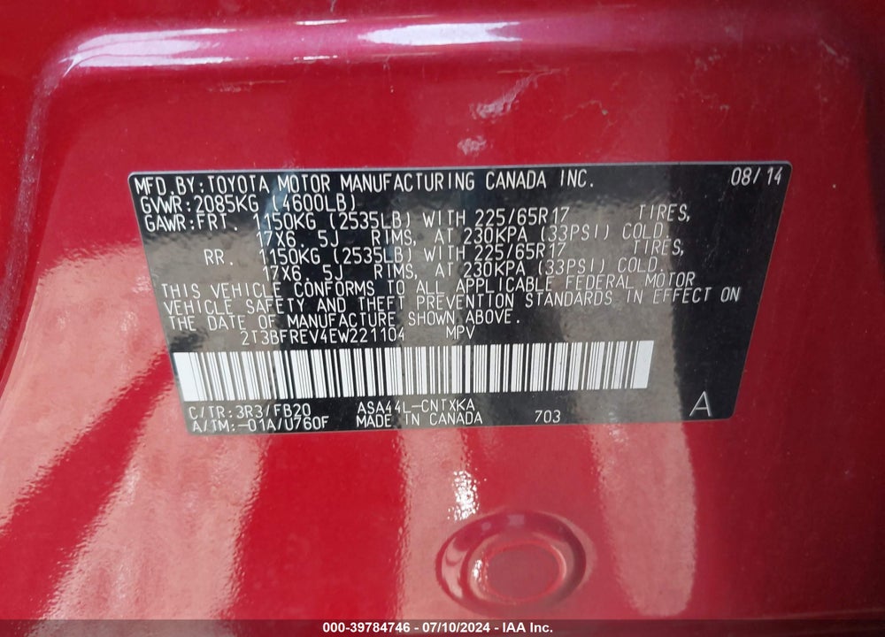 2014 TOYOTA RAV4 VIN: 2T3BFREV4EW221104