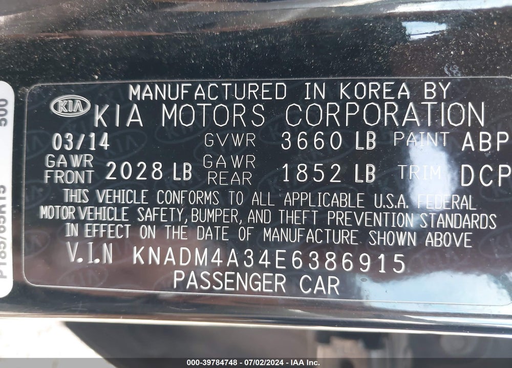 2014 KIA RIO LX VIN: KNADM4A34E6386915