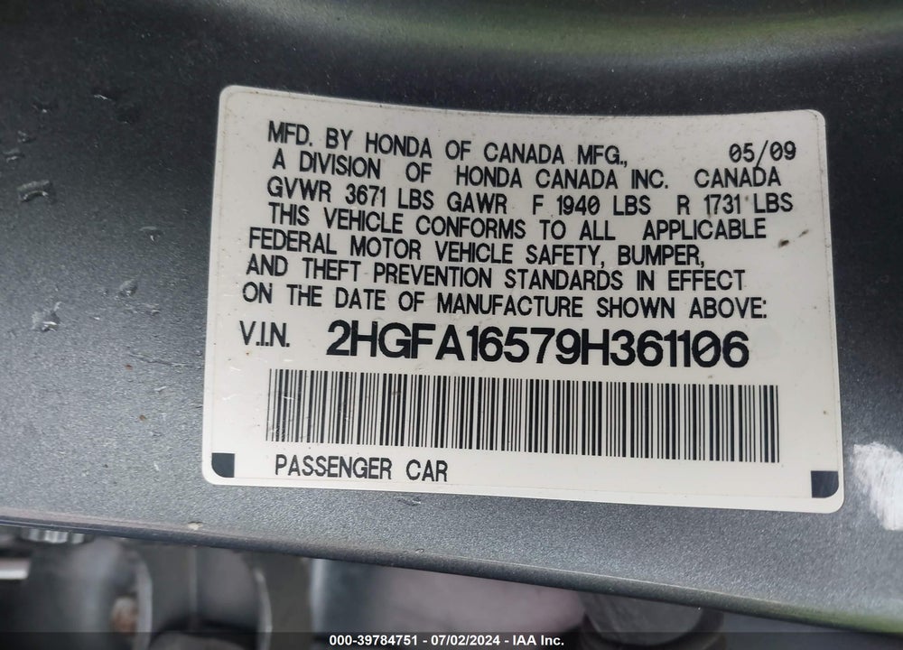 2009 HONDA CIVIC LX VIN: 2HGFA16579H361106