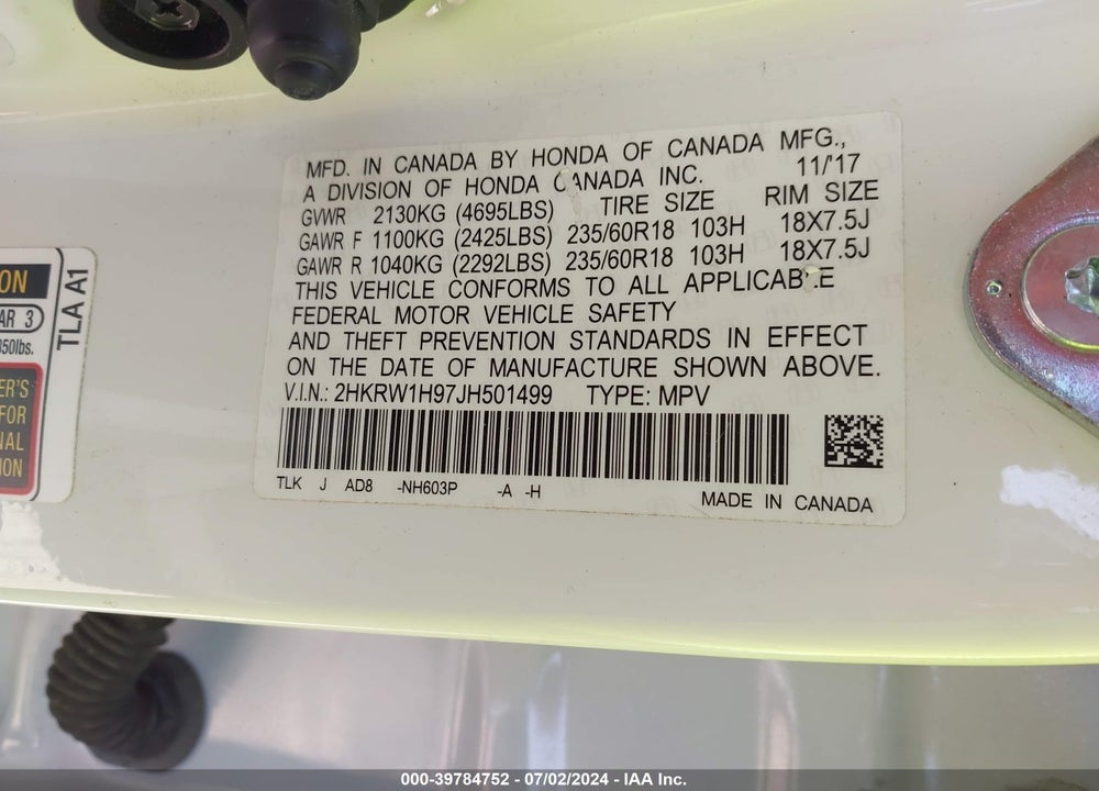 2018 HONDA CR-V TOURING VIN: 2HKRW1H97JH501499