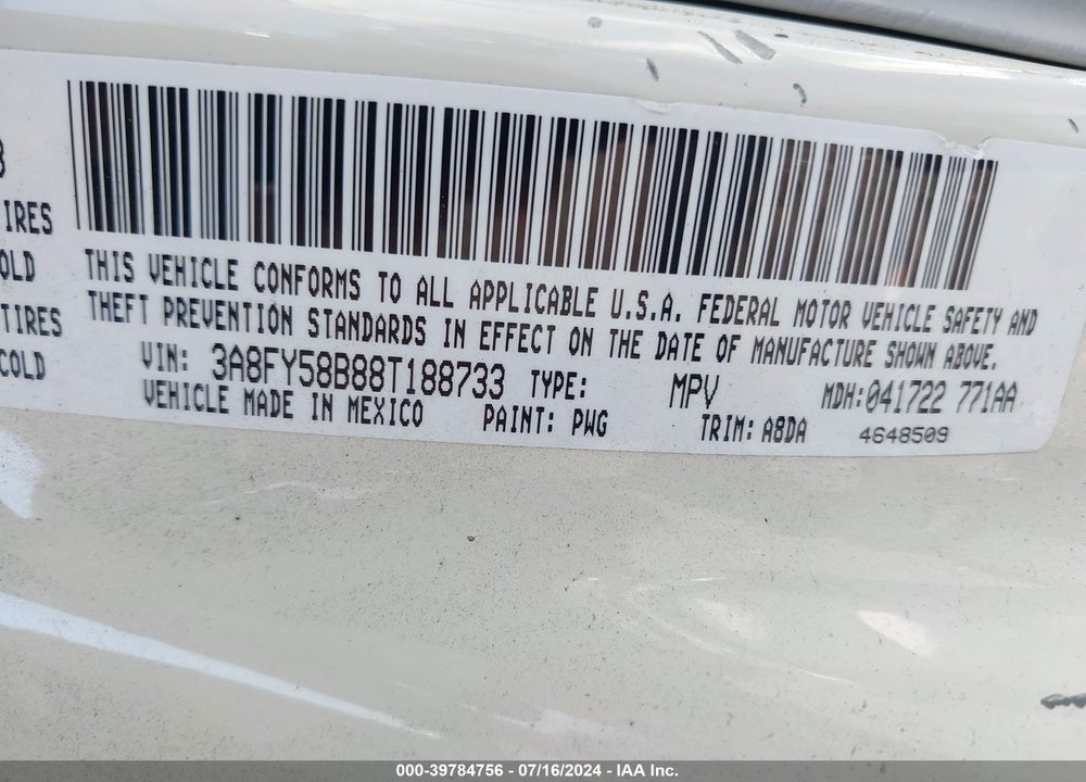 2008 CHRYSLER PT CRUISER TOURING VIN: 3A8FY58B88T188733