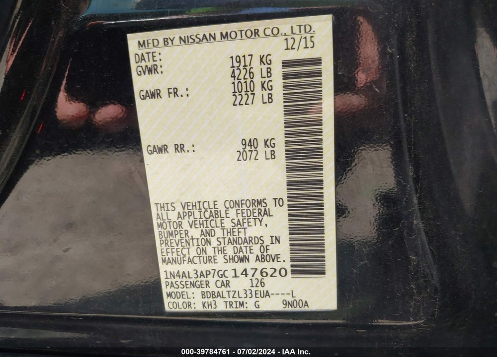 2016 NISSAN ALTIMA 2.5 SL VIN: 1N4AL3AP7GC147620