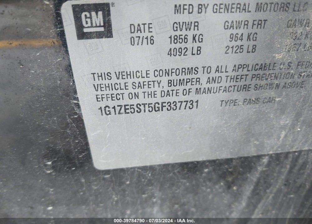 2016 CHEVROLET MALIBU 1LT VIN: 1G1ZE5ST5GF337731