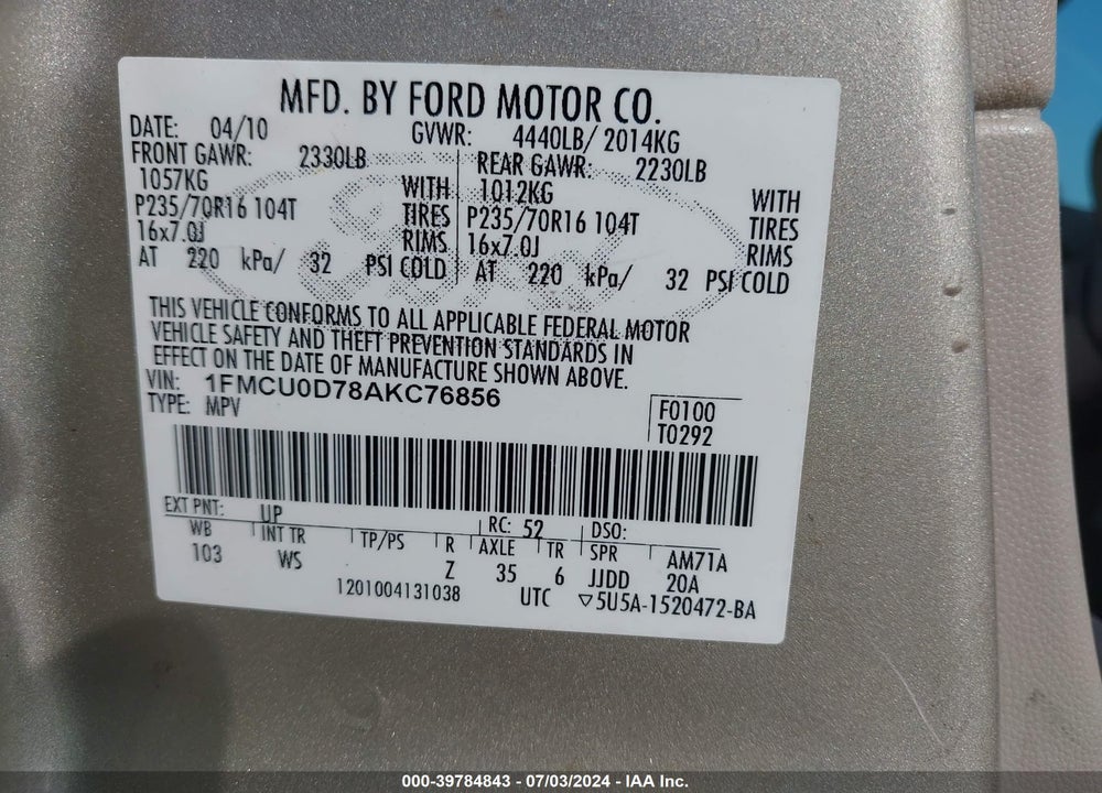 2010 FORD ESCAPE XLT VIN: 1FMCU0D78AKC76856
