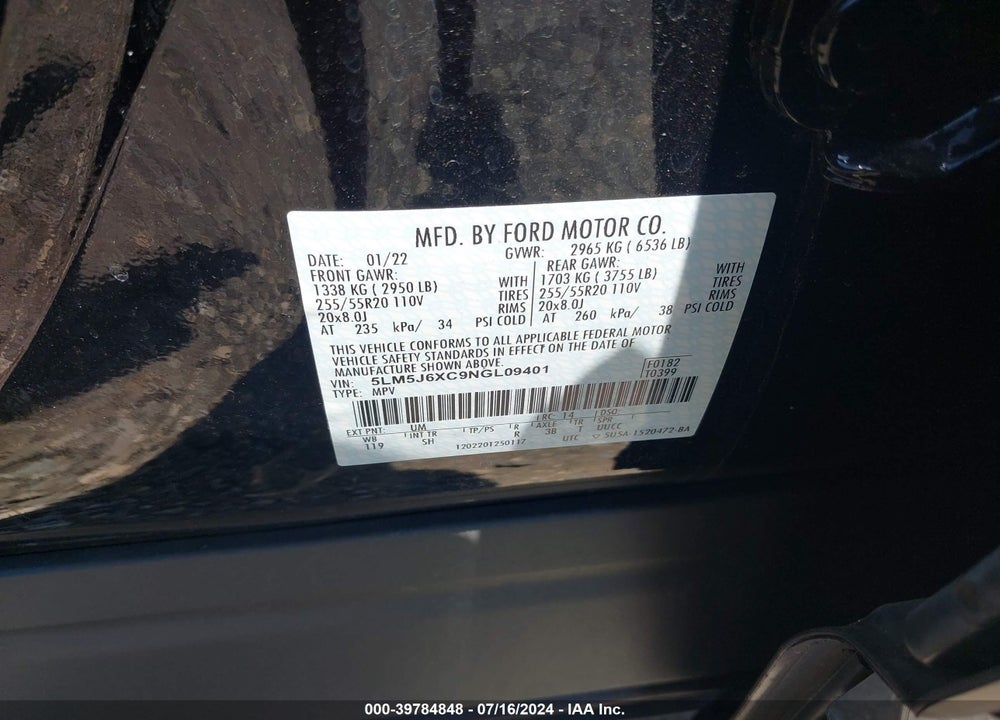 2022 LINCOLN AVIATOR STANDARD VIN: 5LM5J6XC9NGL09401