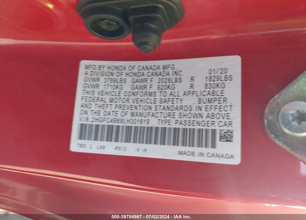 2020 HONDA CIVIC LX VIN: 2HGFC4B69LH301619