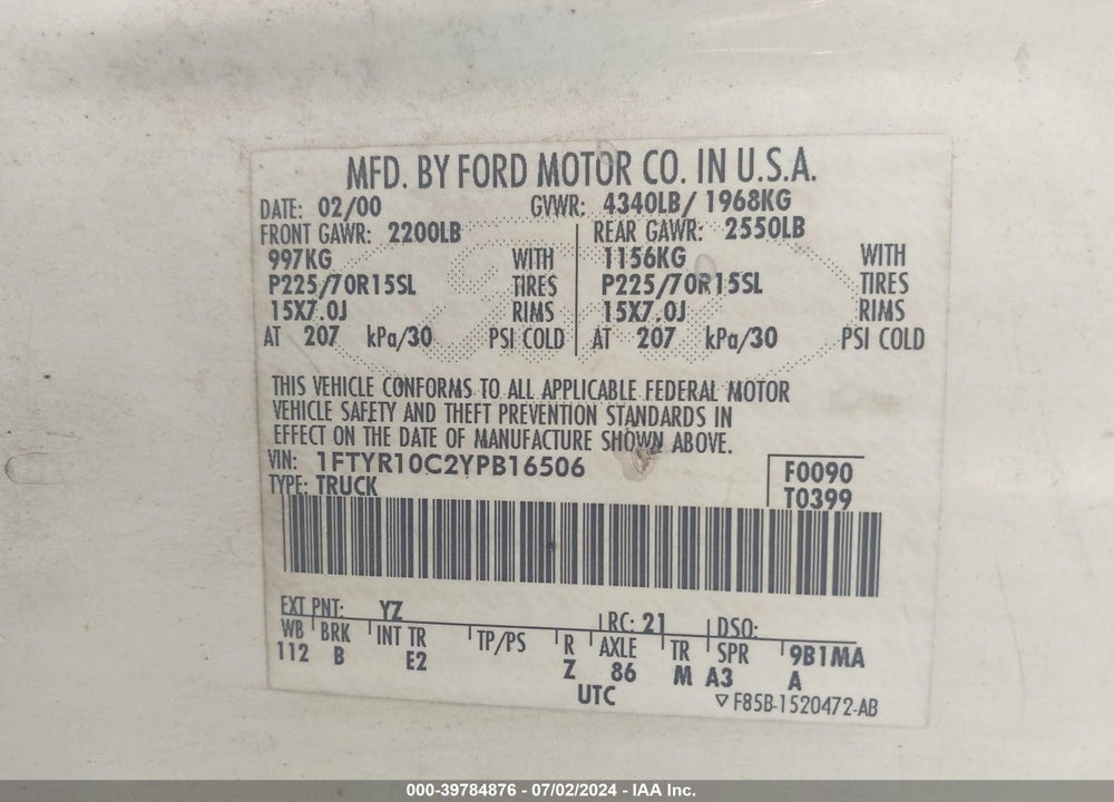 2000 FORD RANGER XL/XLT VIN: 1FTYR10C2YPB16506