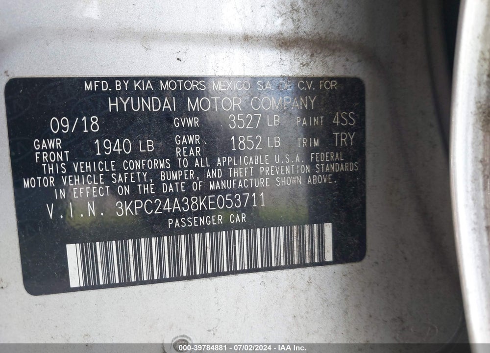 2019 HYUNDAI ACCENT SEL VIN: 3KPC24A38KE053711