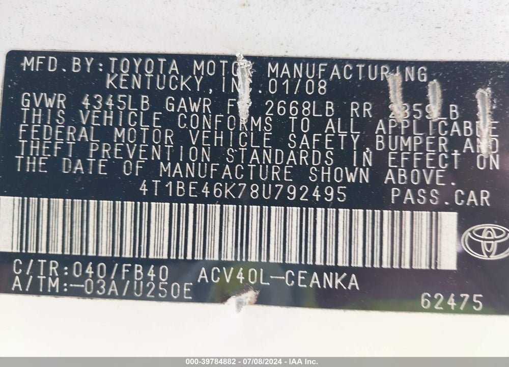 2008 TOYOTA CAMRY VIN: 4T1BE46K78U792495