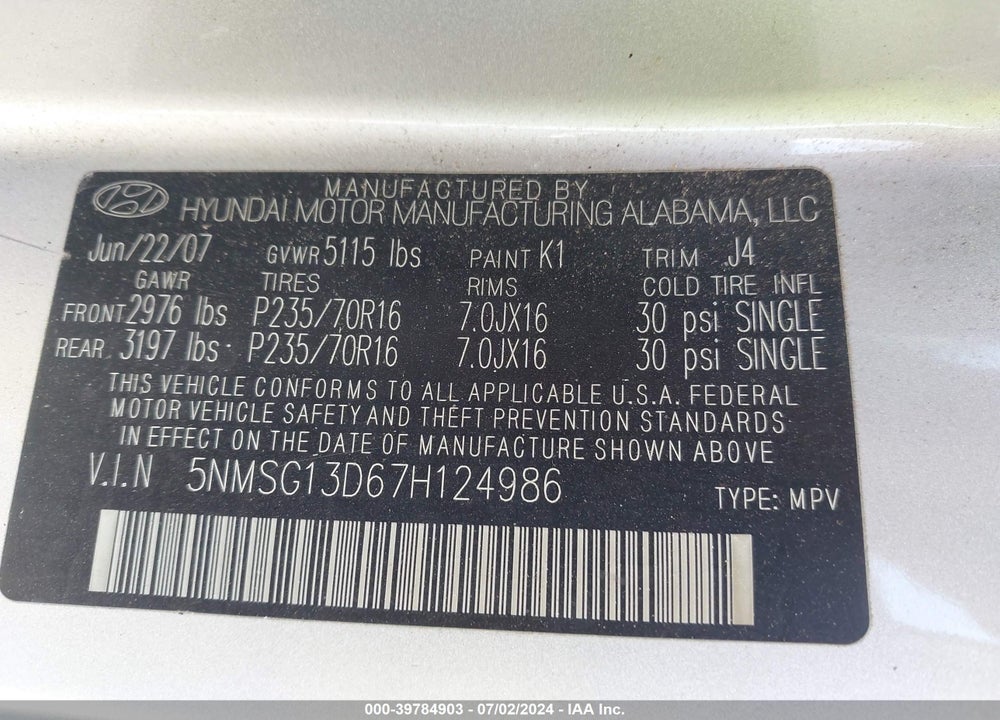 2007 HYUNDAI SANTA FE GLS VIN: 5NMSG13D67H124986