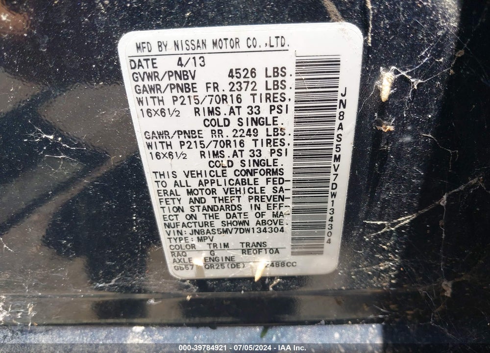 2013 NISSAN ROGUE VIN: JN8AS5MV7DW134304