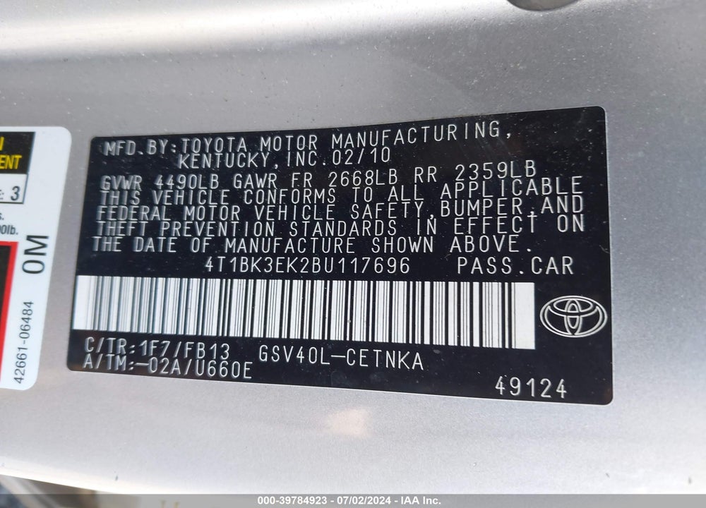 2011 TOYOTA CAMRY LE V6 VIN: 4T1BK3EK2BU117696