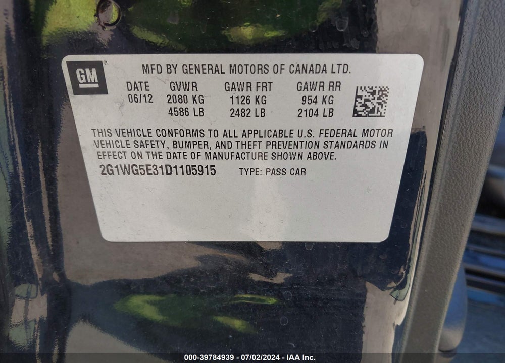 2013 CHEVROLET IMPALA LT VIN: 2G1WG5E31D1105915