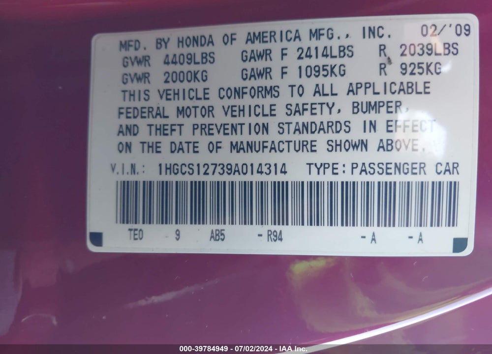 2009 HONDA ACCORD 2.4 EX VIN: 1HGCS12739A014314
