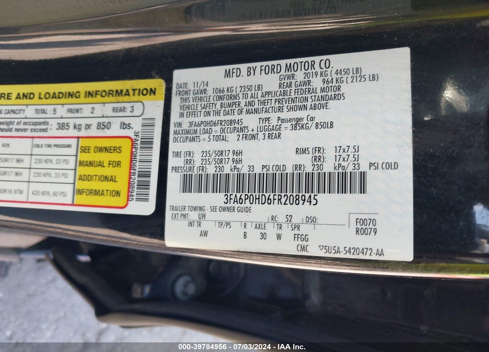 2015 FORD FUSION SE VIN: 3FA6P0HD6FR208945