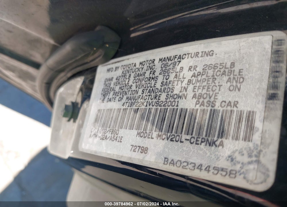 1997 TOYOTA CAMRY LE V6 VIN: 4T1BF22K1VU922001
