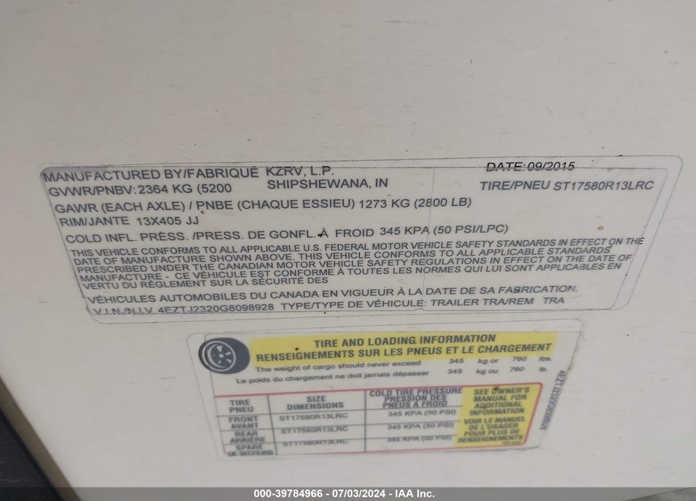 2016 KZ VISION 23' BUMPER PULL VIN: 4EZTJ2320G8098928