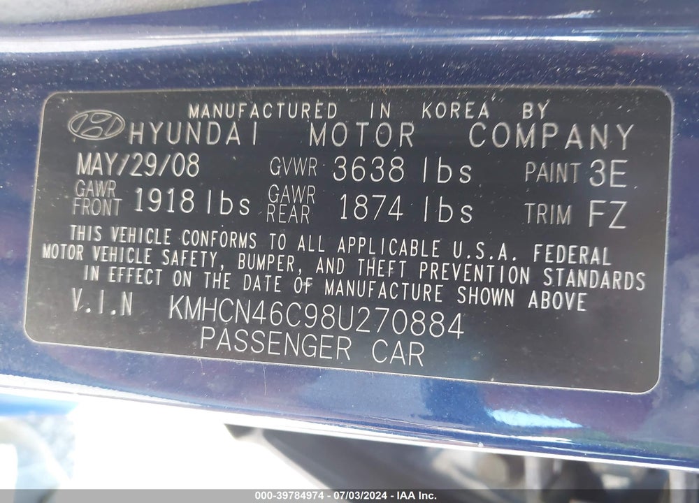 2008 HYUNDAI ACCENT GLS VIN: KMHCN46C98U270884