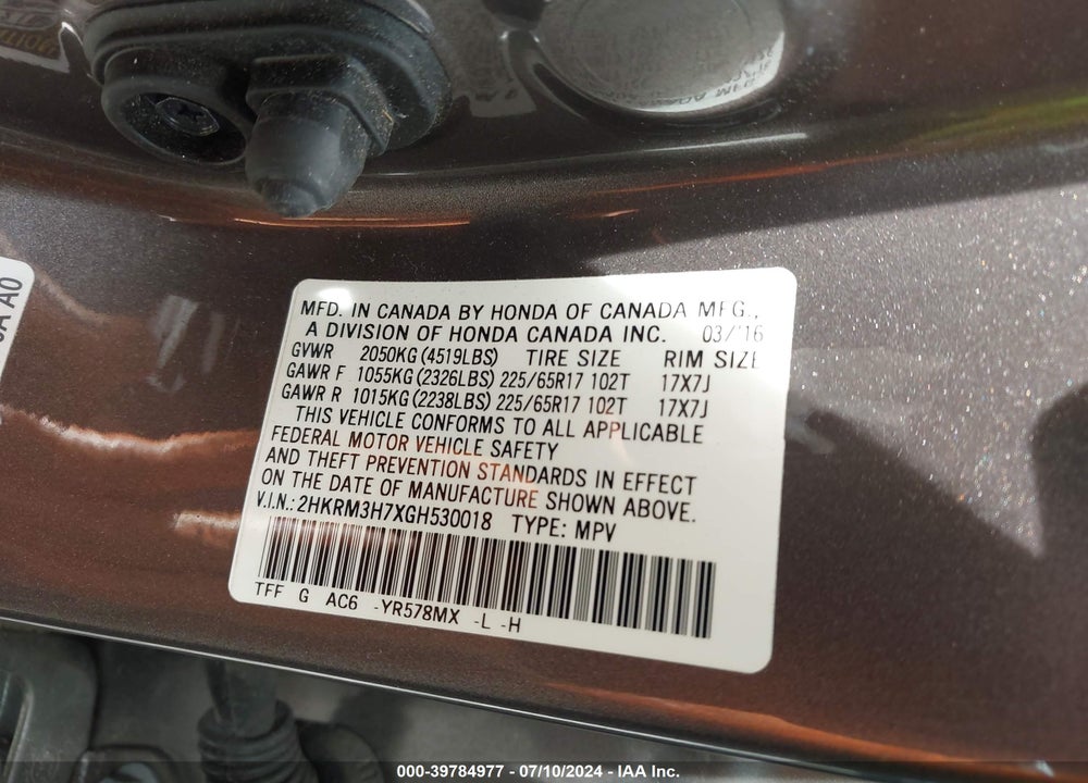 2016 HONDA CR-V EX-L VIN: 2HKRM3H7XGH530018