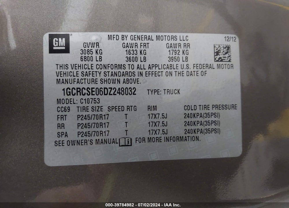 2013 CHEVROLET SILVERADO 1500 LT VIN: 1GCRCSE06DZ248032