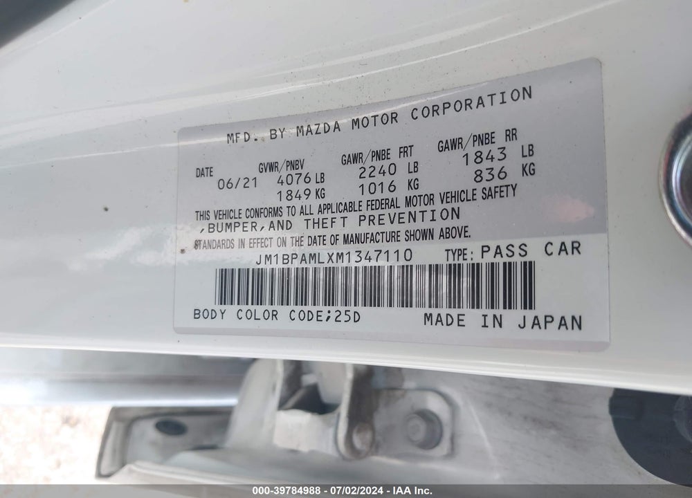 2021 MAZDA 3 PREMIUM VIN: JM1BPAMLXM1347110