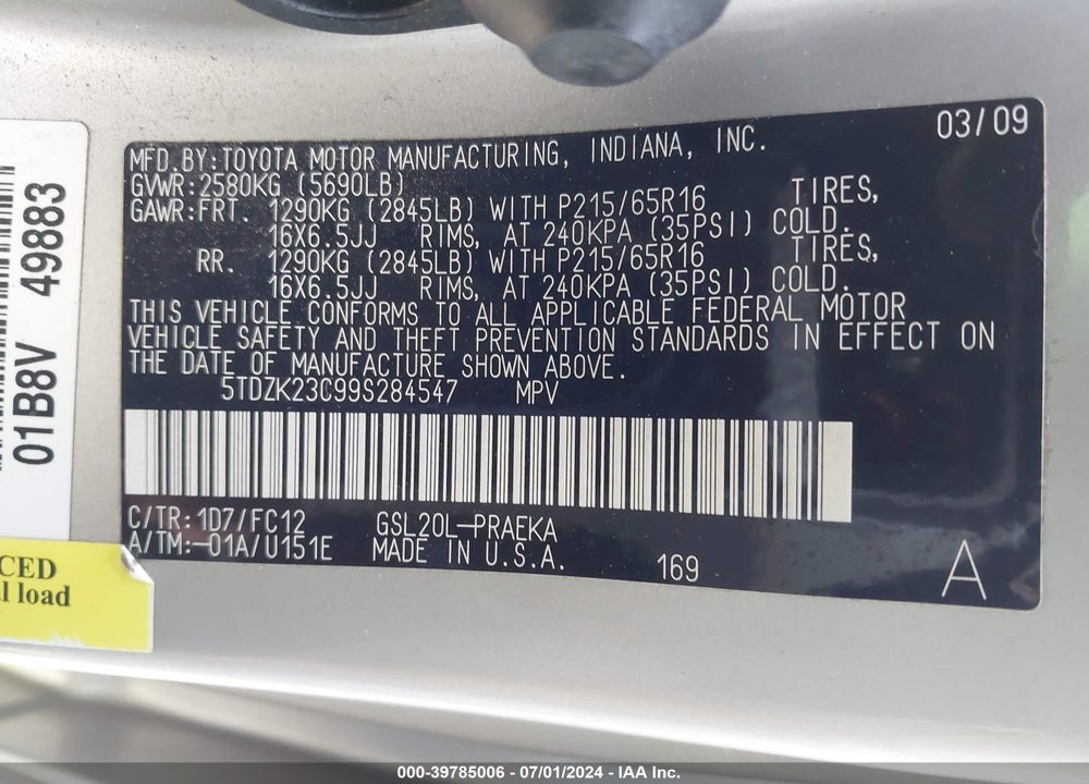 2009 TOYOTA SIENNA LE VIN: 5TDZK23C99S284547