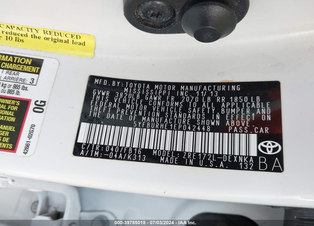 2014 TOYOTA COROLLA LE PLUS VIN: 5YFBURHE1EP042448