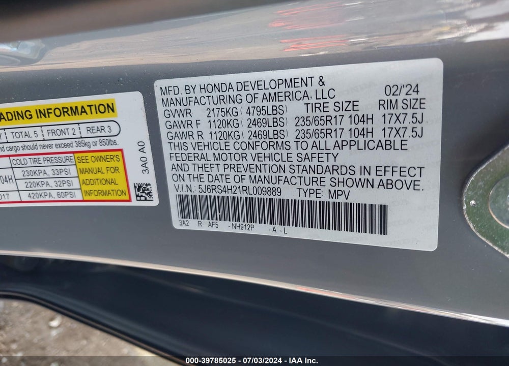2024 HONDA CR-V LX AWD VIN: 5J6RS4H21RL009889