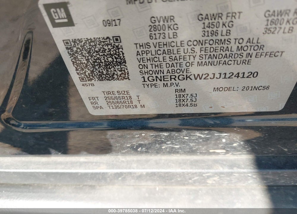 2018 CHEVROLET TRAVERSE 1LT VIN: 1GNERGKW2JJ124120