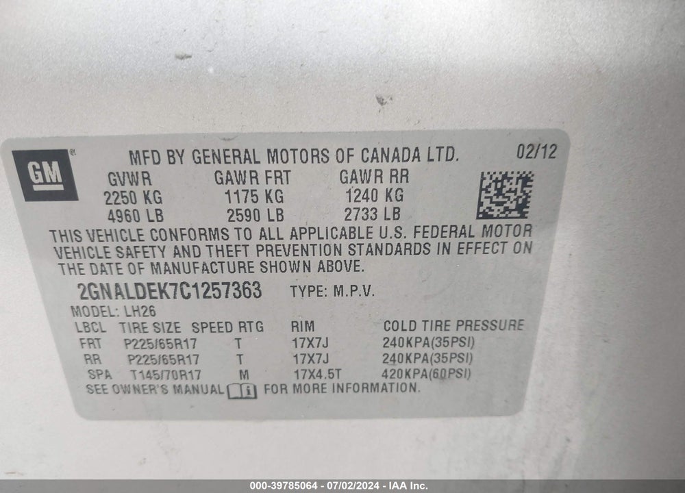 2012 CHEVROLET EQUINOX 1LT VIN: 2GNALDEK7C1257363