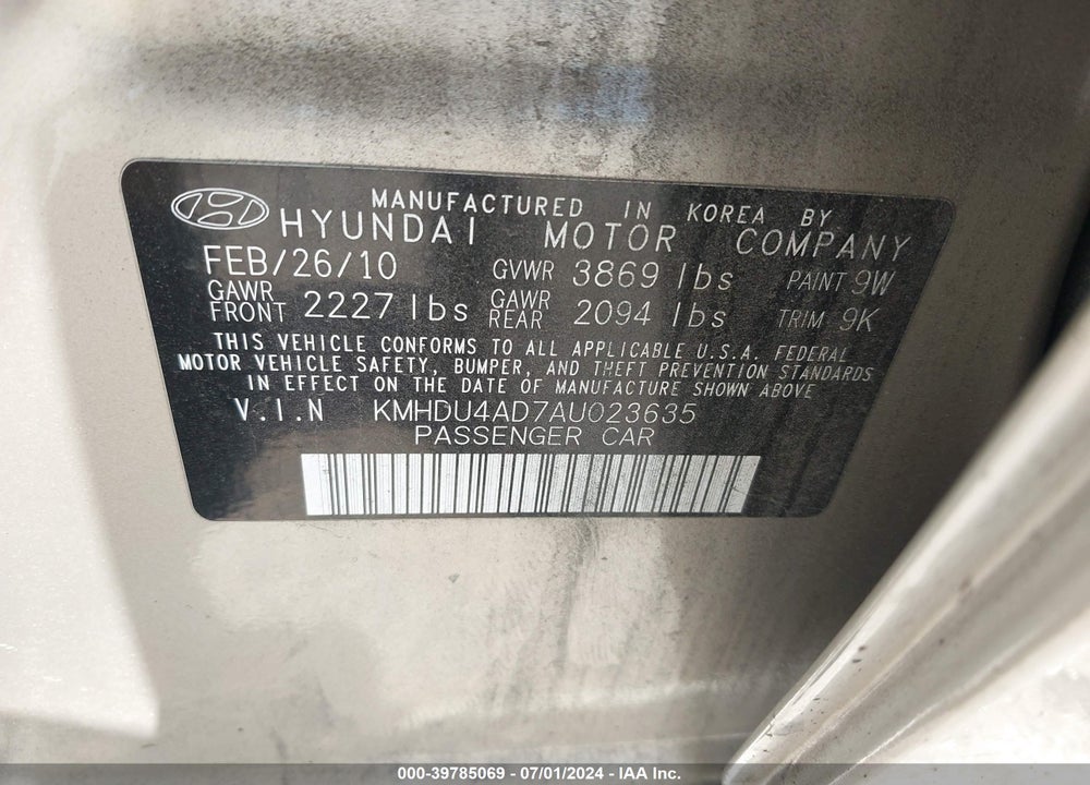 2010 HYUNDAI ELANTRA GLS VIN: KMHDU4AD7AU023635