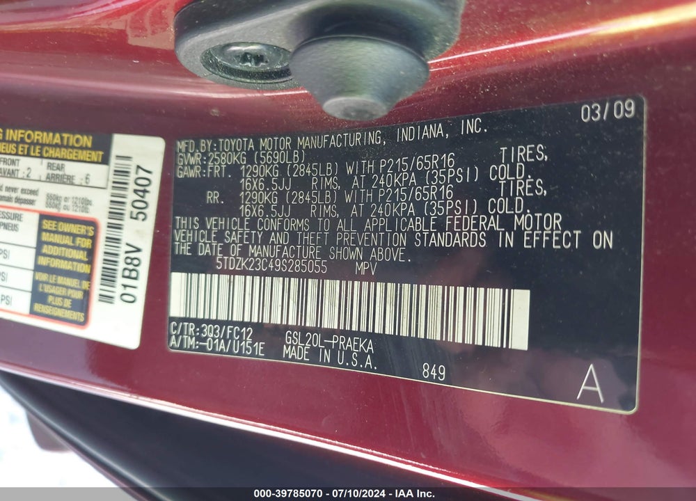 2009 TOYOTA SIENNA LE VIN: 5TDZK23C49S285055