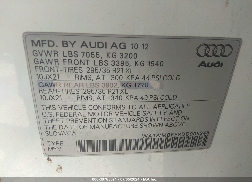 2013 AUDI Q7 3.0 TDI PREMIUM VIN: WA1WMBFE8DD006246