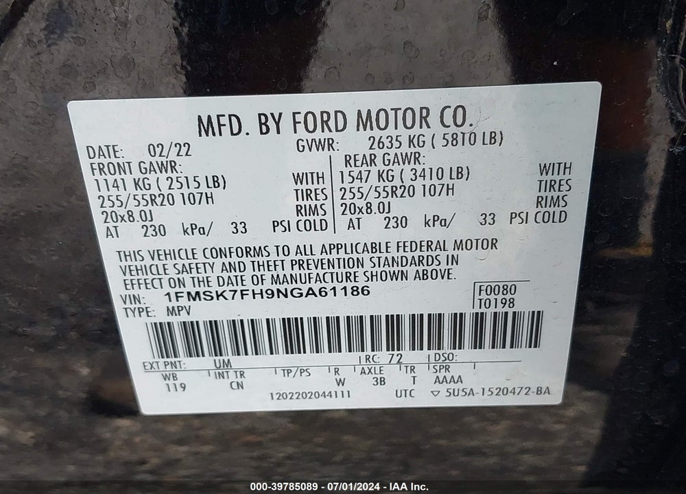 2022 FORD EXPLORER LIMITED VIN: 1FMSK7FH9NGA61186