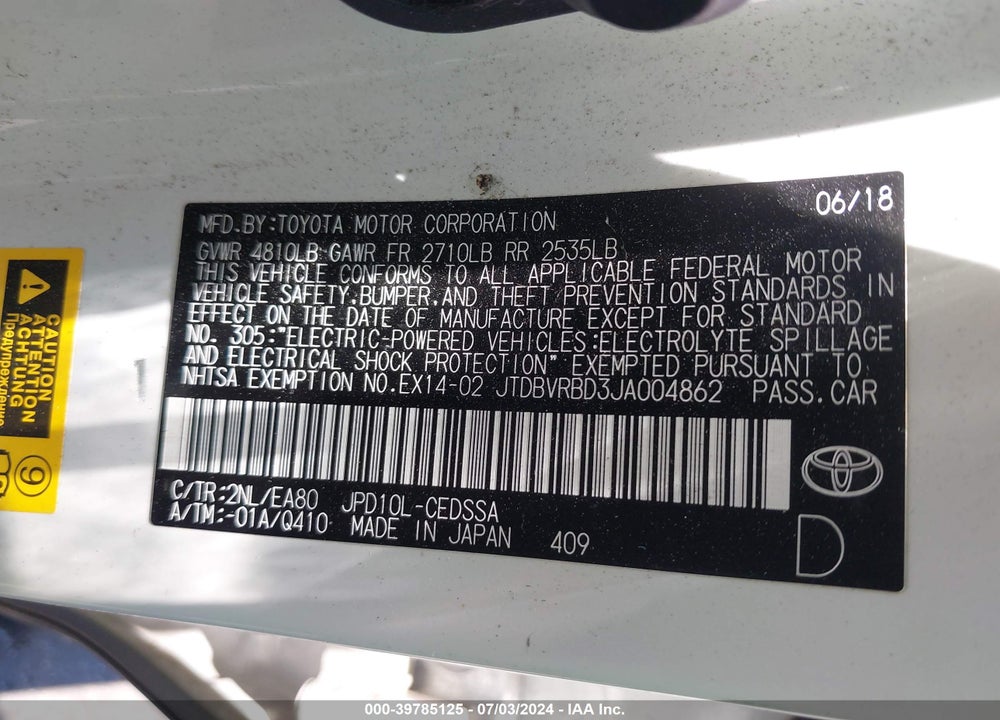 2018 TOYOTA MIRAI VIN: JTDBVRBD3JA004862
